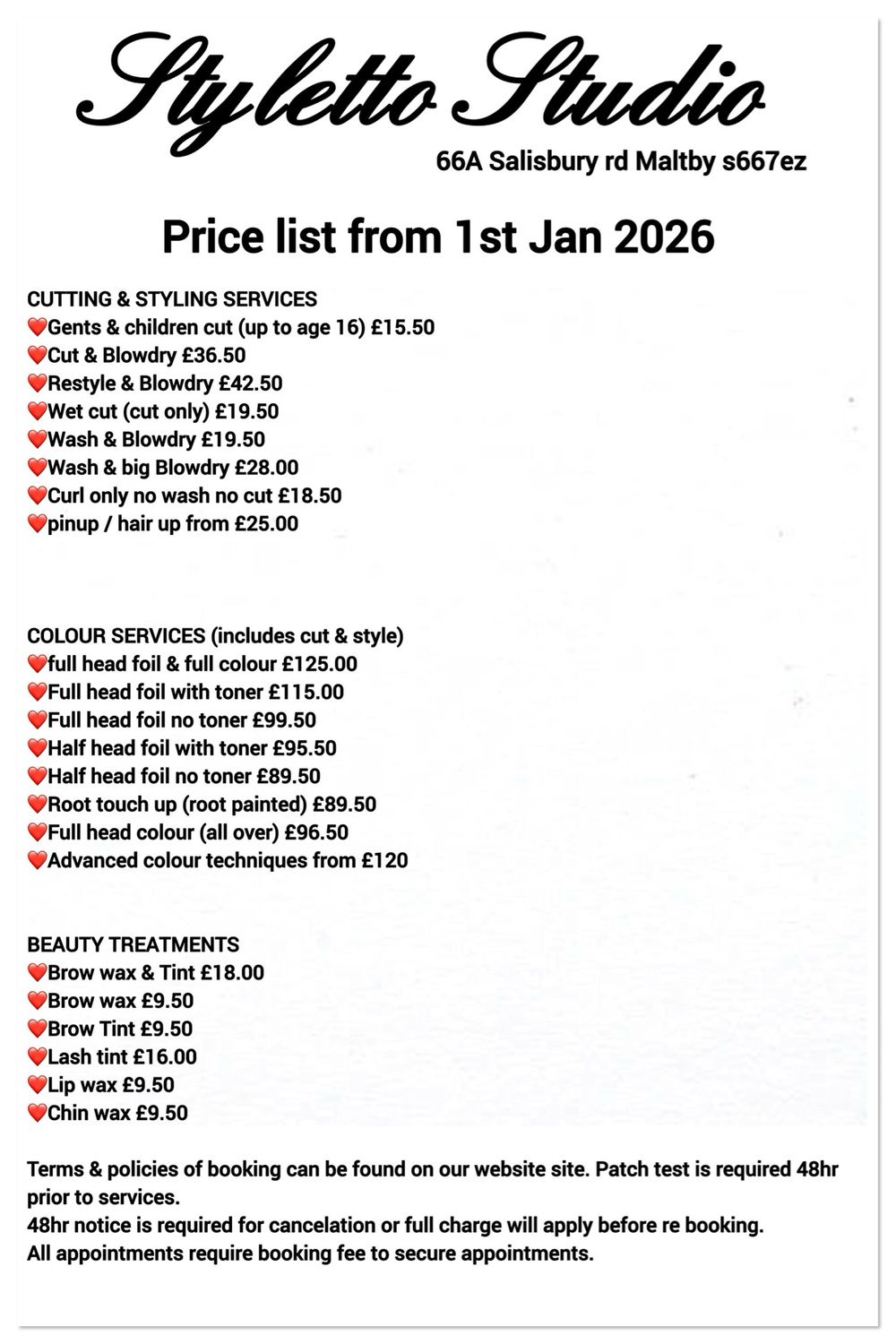 £10 Booking Fee (non Refundable) Price List &amp; Policies