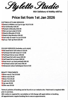 £30 Colour Appointment Booking Fee (non Refundable) Price List &amp; Policies