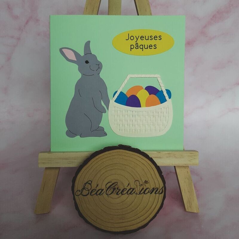 Carte de Pâques – Joyeuses Pâques Lapin et son panier d’oeufs