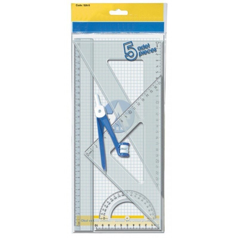 Kit 5 pcs: règle 30cm, 2 équerres 45 et 60°, rapport 10 cm, compas