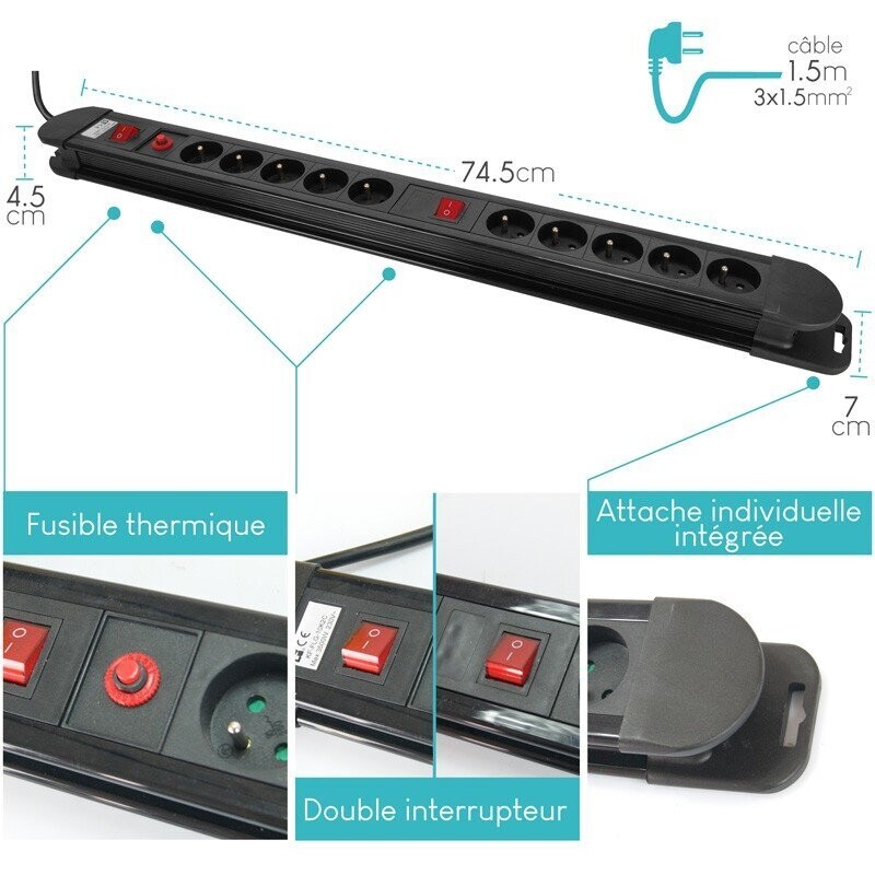 Multiprise 10 prises double inter protection surcharges câble 1.50m