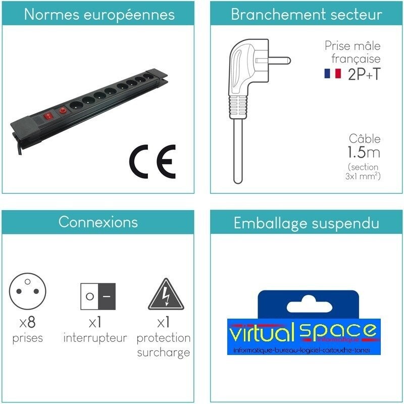 Multiprise 8 prises interrupteurs protection surcharges cable 1.50m