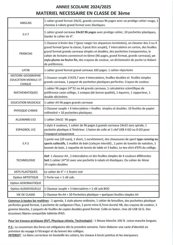Liste Classe 3 ieme