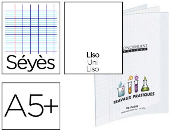 Cahier travaux pratiques conquérant classique couverture pp incolore 17x22cm 64 pages 90g dessin 120g séyès/uni.