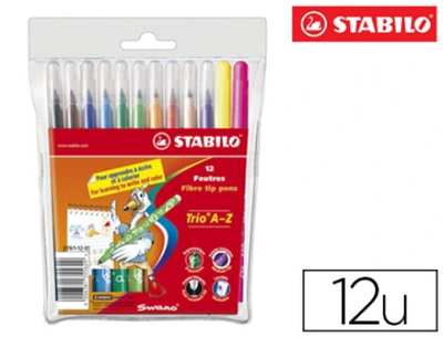 Feutre coloriage stabilo trio triangulaire encre super lavable pointe moyenne pochette 12 unités + 2 fluos.