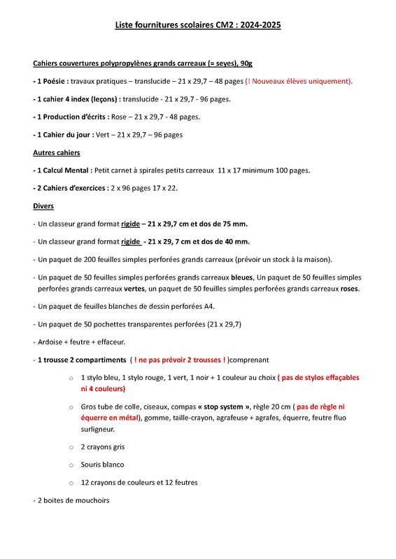 Liste Rentrée CM2