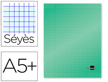 Cahier piqué liderpapel couverture plastique souple a5+ 17x22cm 90g 96 pages séyès coloris vert.