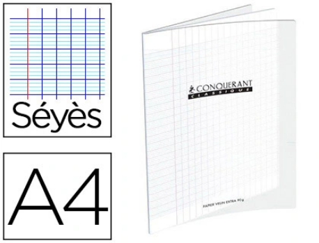 Cahier piqué conquérant classique couverture polypropylène rigide transparente a4 21x29,7cm 96 pages 90g séyès incolore.