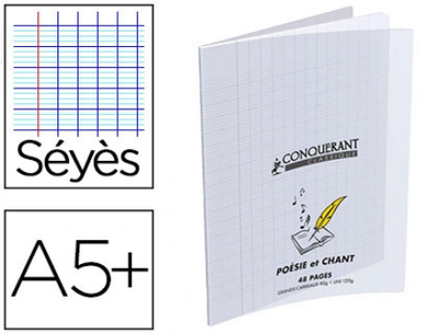 Cahier poésie piqué conquérant classique couverture transparente polypropylène a5+ 17x22cm 48 pages 90g séyès incolore.