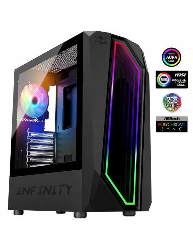 Spirit Of Gamer - Infinity Dark | Boitier PC Gamer Noir RGB Moyen ATX | Tour PC Gaming Vide avec Paroi Latérale en Verre Trempée | Compatible ATX, mATX, ITX | 2 Ventilateurs PC 120 mm Dont 1 ARGB