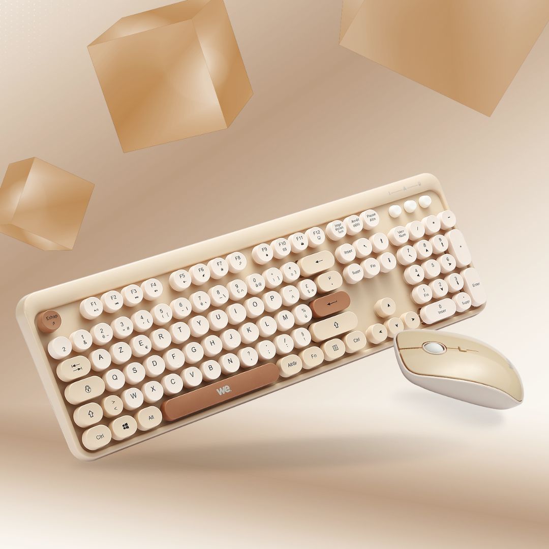 WE POP Pack clavier + souris sans fil: coloris Beige/Crème - Connexion 2.4Ghz - avec pavé numérique - piles incluses
