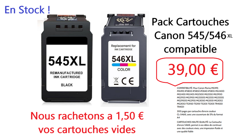 Pack cartouches Canon 545xl/546xl compatibles