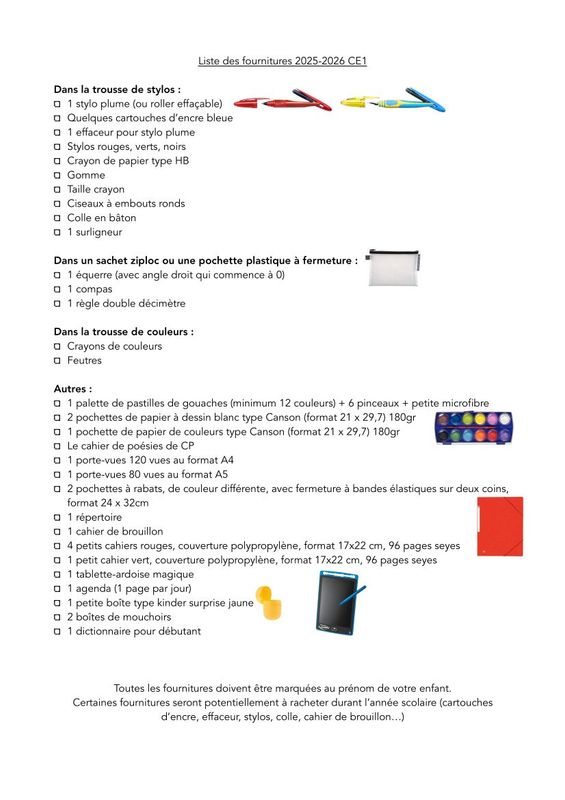 Liste Rentrée CE1