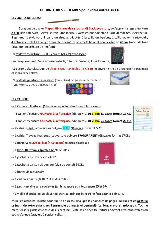 Liste Rentrée CP