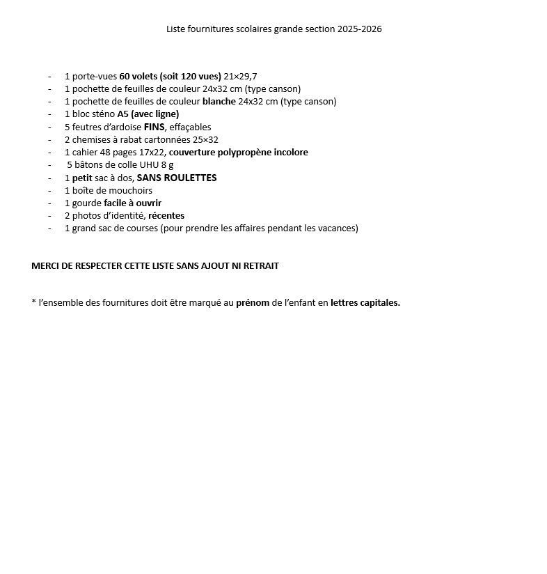 Liste Rentrée GS