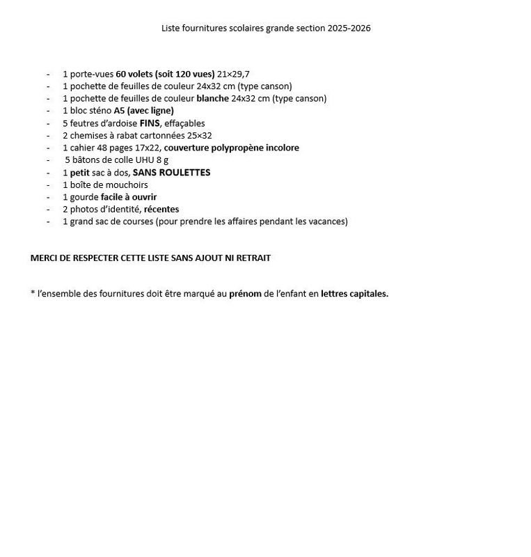 Liste Rentrée GS