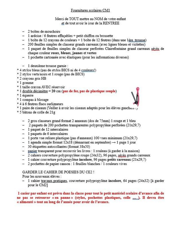 Liste Rentrée CM1