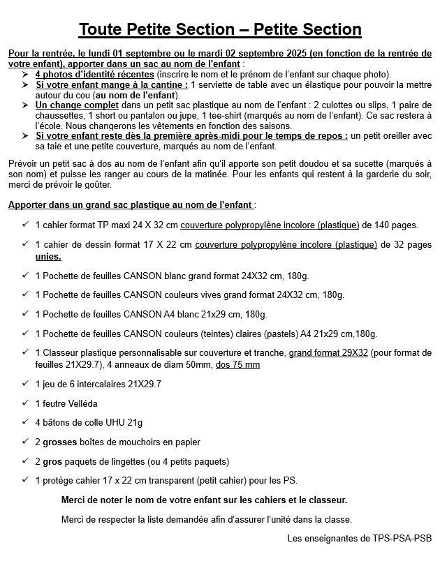 Liste Rentrée TPS