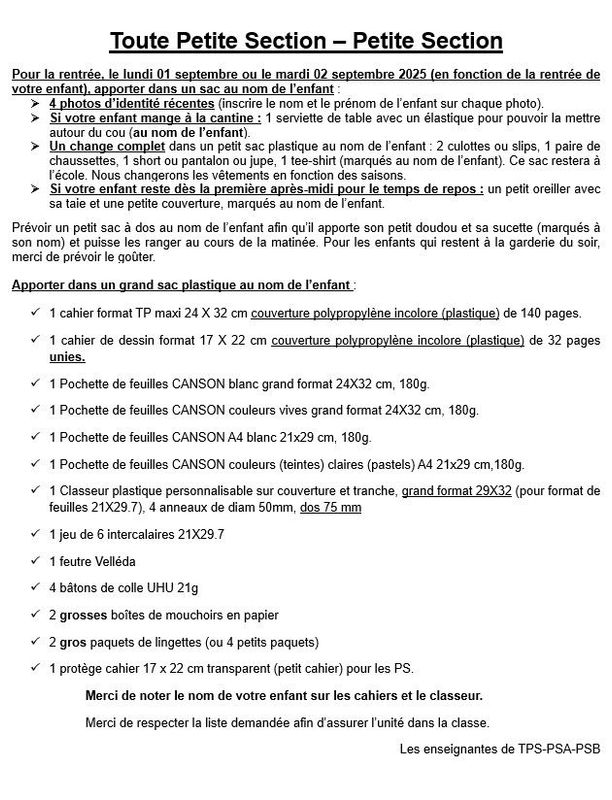 Liste Rentrée TPS