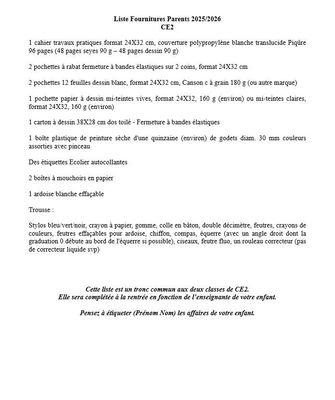 Liste Rentrée CE2