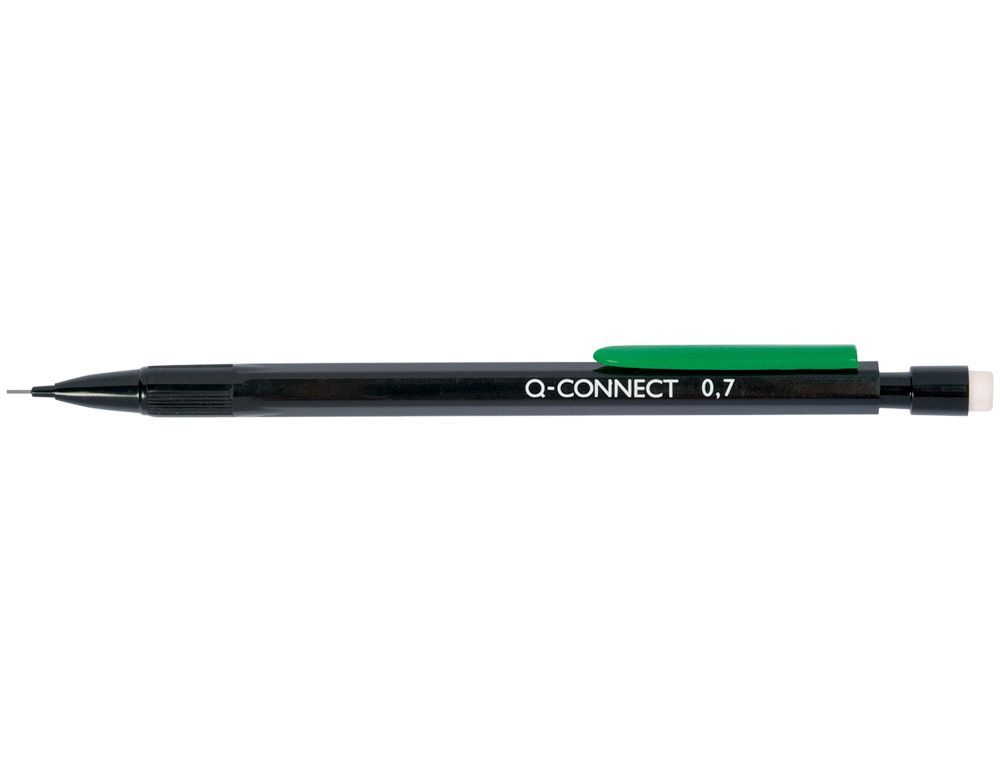 Porte-mine q-connect 0.7mm corps plastique noir embout gomme 3 mines hb agrafe verte.