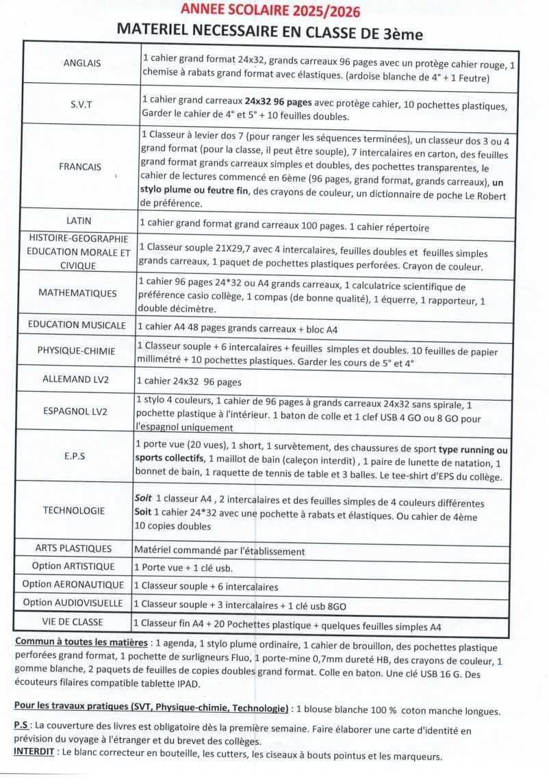 Liste Classe 3 ieme