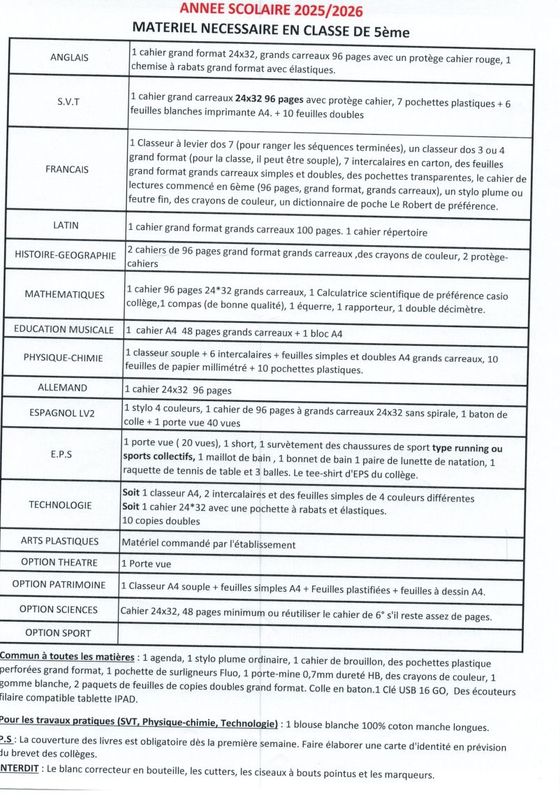 Liste Classe 5 ieme