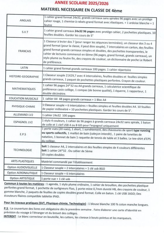 Liste Classe 4 ieme