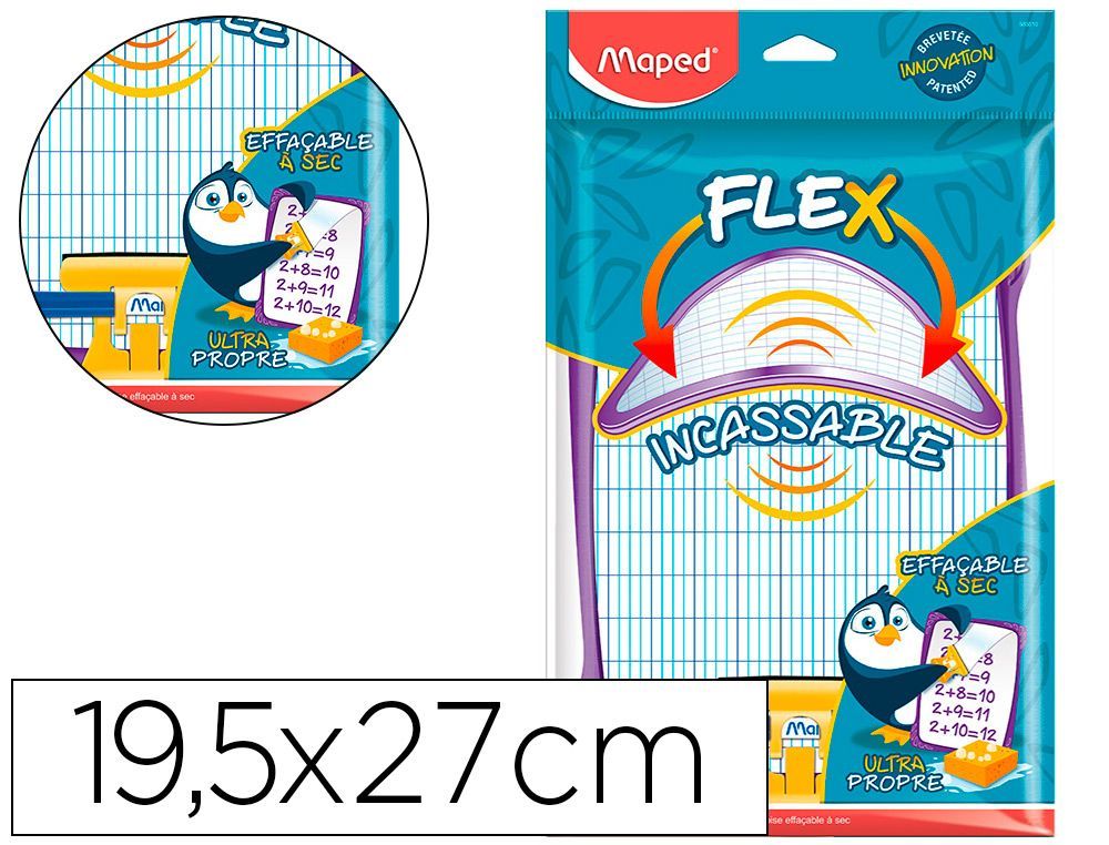 Ardoise blanche maped flex 195x270mm 1 face unie 1 face quadrillée 1 effacette 1 feutre 1 porte accessoire incassable.