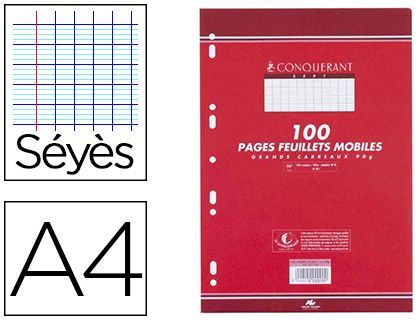 Feuillet mobile conquérant sept a4 210x297mm 100 pages 90g séyès perforé coloris blanc.