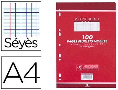 Feuillet mobile conquérant sept a4 210x297mm 100 pages 90g séyès perforé coloris blanc.