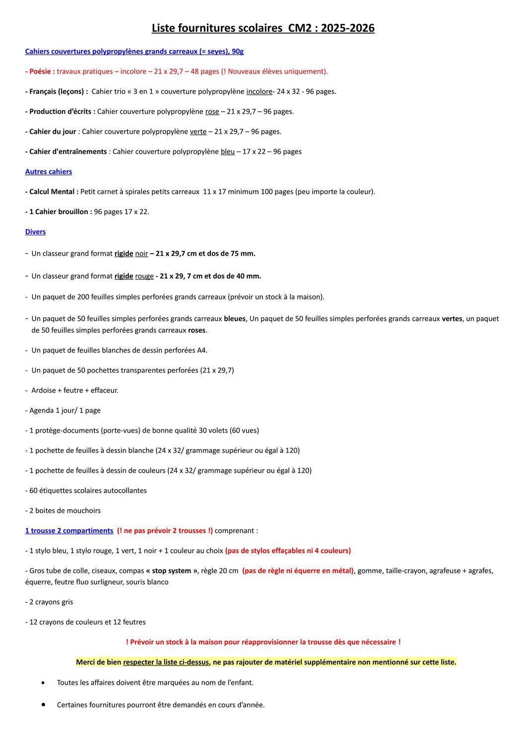 Liste Rentrée CM2