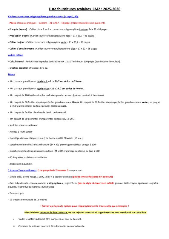 Liste Rentrée CM2