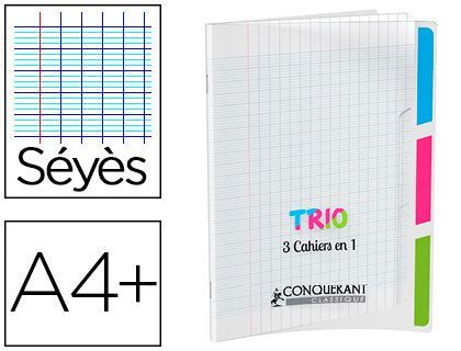 Cahier agrafé conquérant trio 3en1 polypropylène a4+ 24x32cm 96 pages séyès 90g.