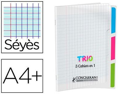 Cahier agrafé conquérant trio 3en1 polypropylène a4+ 24x32cm 96 pages séyès 90g.