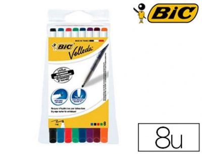 Marqueur bic velleda 1721 effaçable pointe ogive 1mm encre alcool sans odeur corps plastique pochette 8 unités.