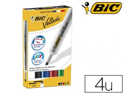 Marqueur bic velleda 1791 effaçable pointe biseautée tracé 2/5mm corps plastique encre cétone boîte 4 unités.
COULEUR: ASSORTIMENT