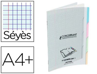 Cahier piqué conquérant classique 4en1 polypropylène 4 onglets a4+ 24x32cm 140 pages 90g séyès.