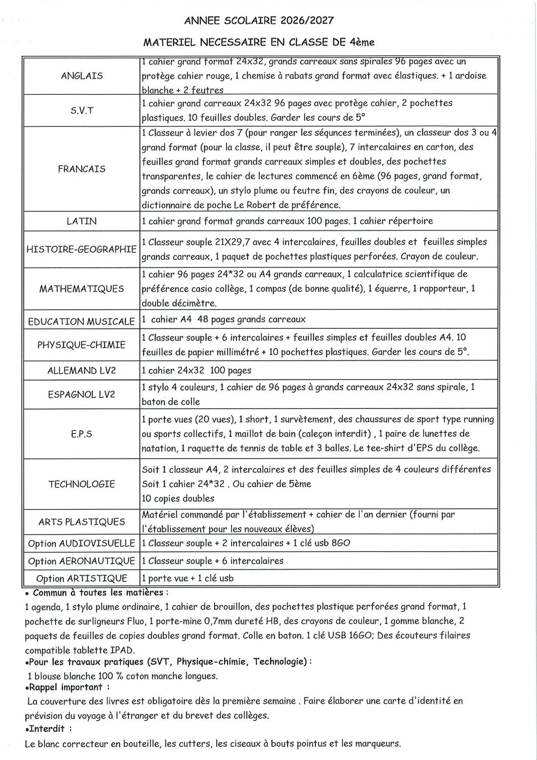 Liste Classe 4 ieme Liste Classe 4 ieme