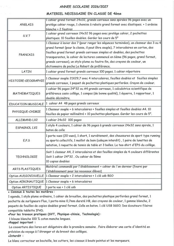 Liste Classe 4 ieme Liste Classe 4 ieme