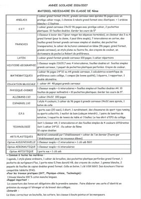 Liste Classe 4 ieme