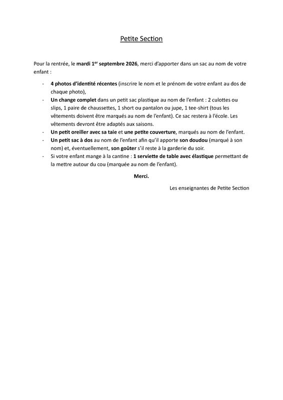 Liste Rentrée TPS Liste Rentrée TPS