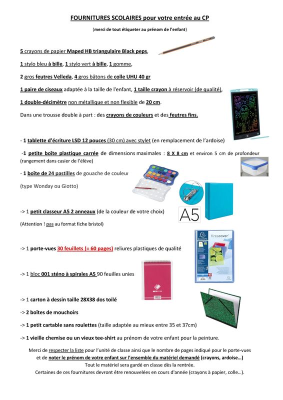Liste Rentrée CP Liste Rentrée CP