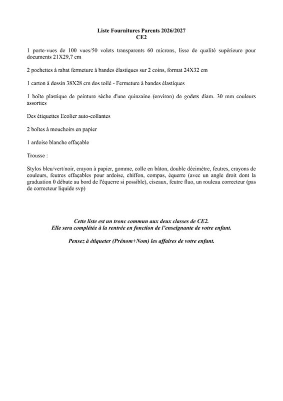 Liste Rentrée CE2 Liste Rentrée CE2