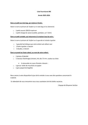 Liste Rentrée MS Liste Rentrée MS
