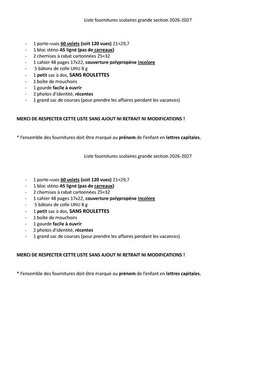 Liste Rentrée GS Liste Rentrée GS