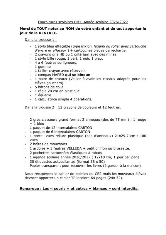 Liste Rentrée CM1 Liste Rentrée CM1