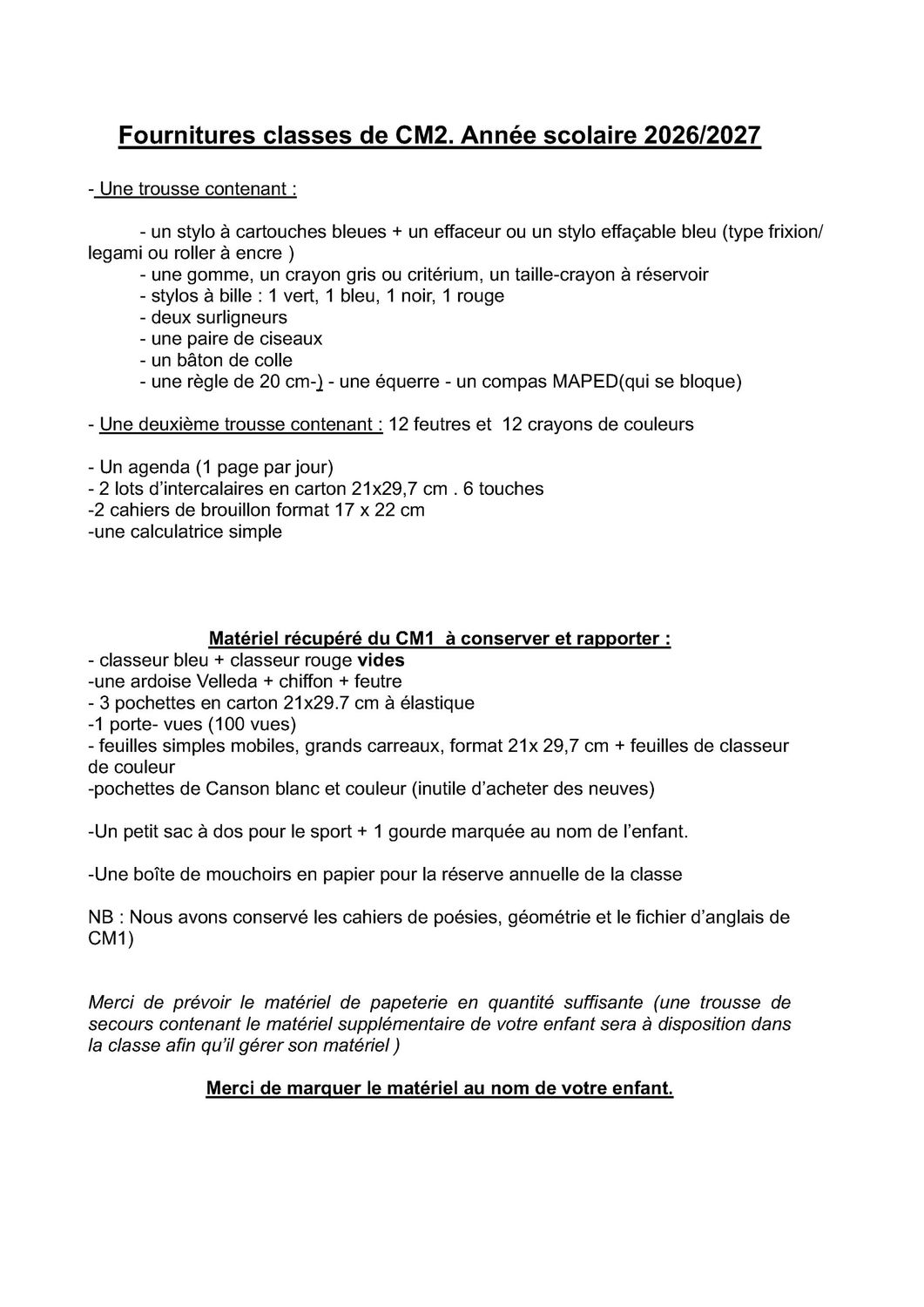 Liste Rentrée CM2 Liste Rentrée CM2