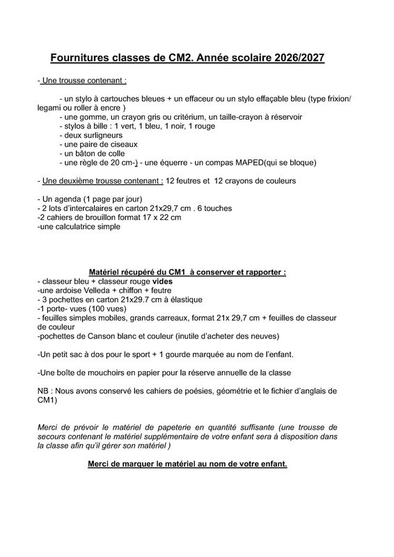 Liste Rentrée CM2 Liste Rentrée CM2