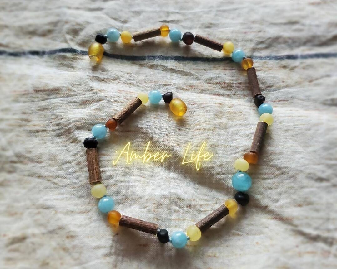 Natural Baltic Amber Hazelwood Blue Quartz Necklace (For Teething &amp; Fever)